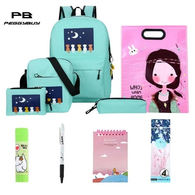 10pcs/Set Oxford Waterproof Backpack Cats Printed Zipper Bag School for Women Travel Bag Luggage