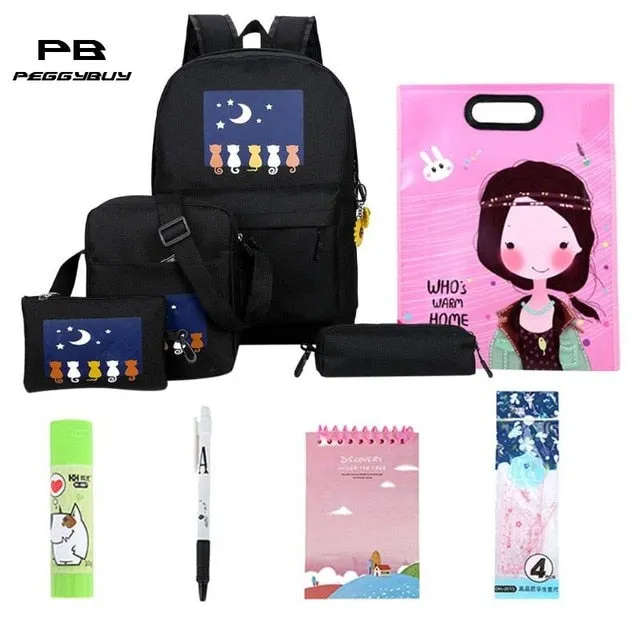 10pcs/Set Oxford Waterproof Backpack Cats Printed Zipper Bag School for Women Travel Bag Luggage