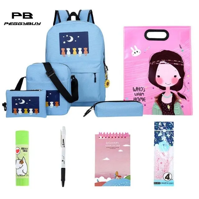 10pcs/Set Oxford Waterproof Backpack Cats Printed Zipper Bag School for Women Travel Bag Luggage