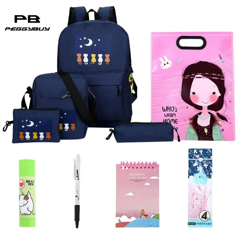 10pcs/Set Oxford Waterproof Backpack Cats Printed Zipper Bag School for Women Travel Bag Luggage