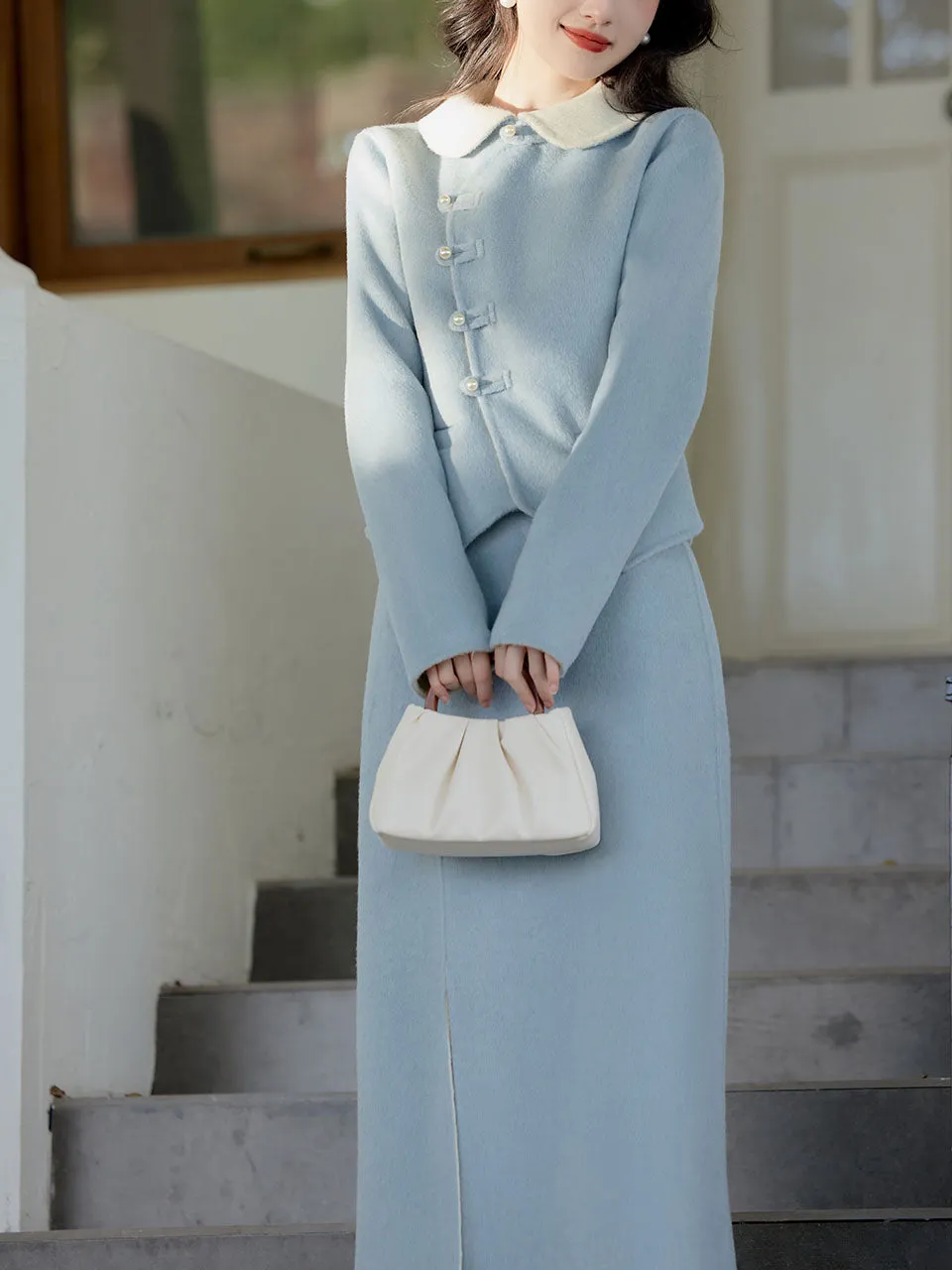 2PS Light Blue Rounded Flat Long Sleeve Wool Coat With Skirt Suit