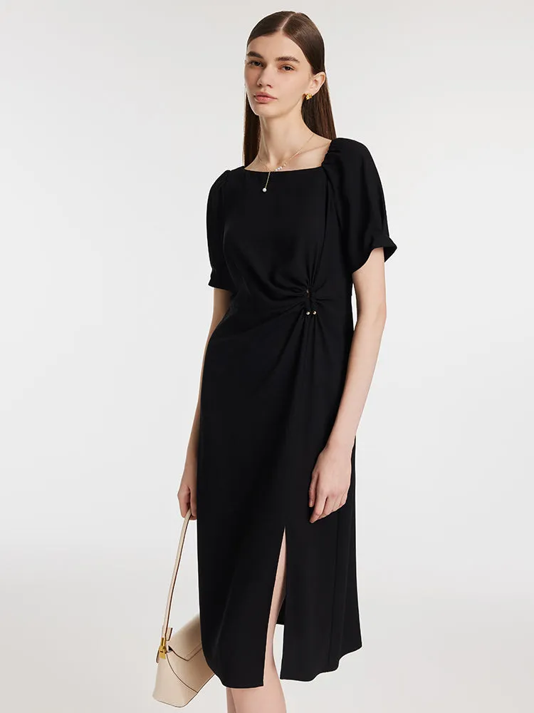 Acetate Asymmetric Neck Slit Twist Waist Women Midi Dress