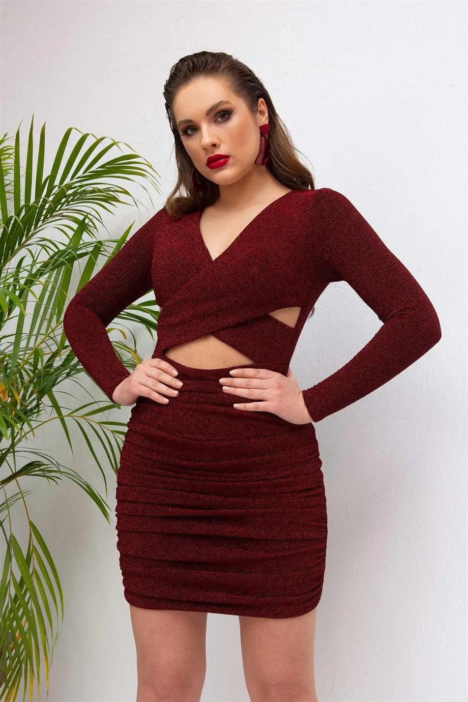 Angelino Bordeaux Knitting front cross -cut short night evening dress dress