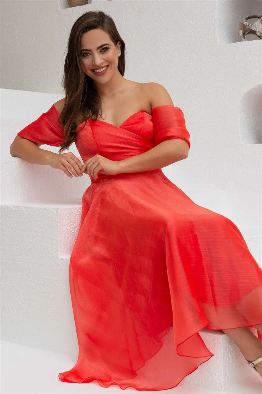 Angelino Coral Low Sleeve Organze Engagement Dress Dress