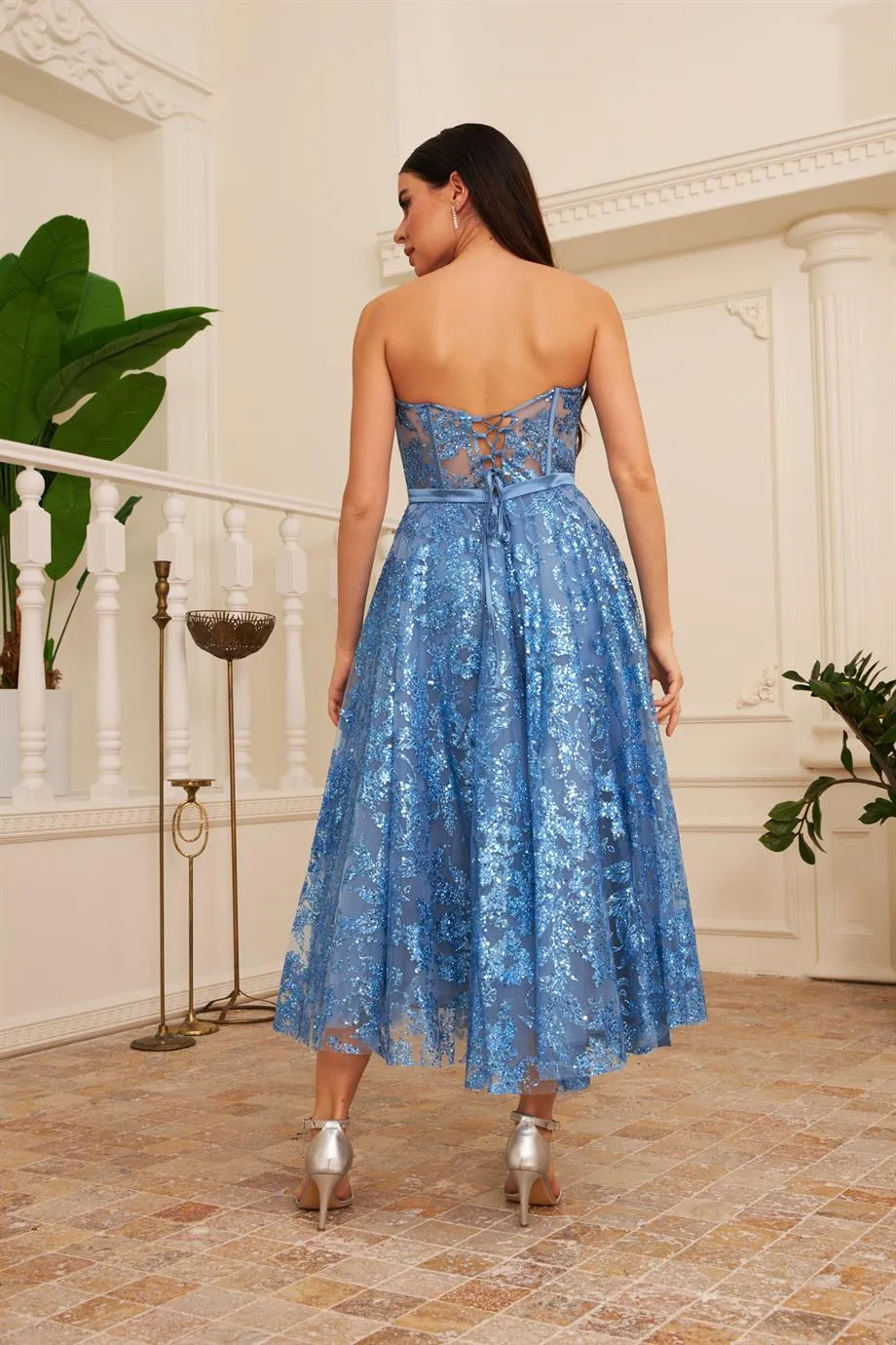 Angelino indigo tulle silvery midi engagement and word dress