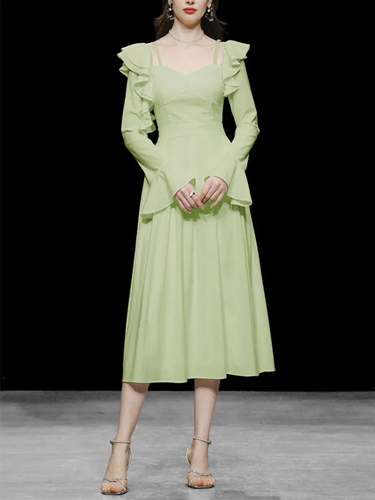 Apple Green Square Neck Ruffle 1950S Vintage Dress