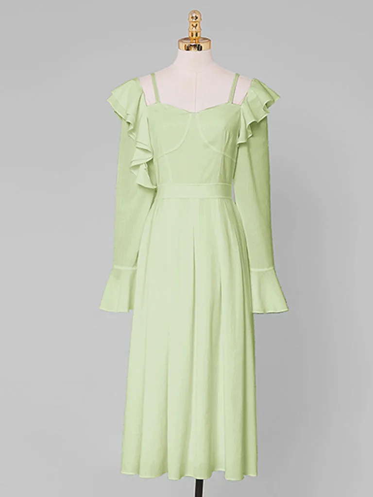 Apple Green Square Neck Ruffle 1950S Vintage Dress