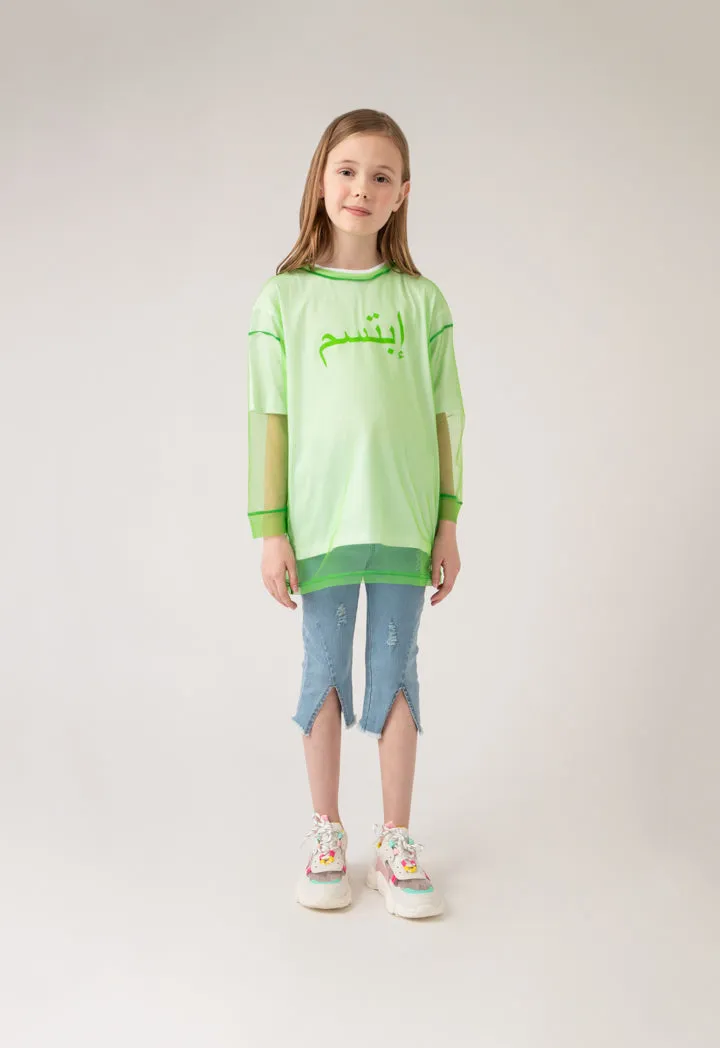 Arabic Text Jersey Tulle Overlay Blouse