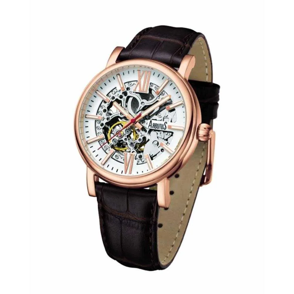 ARBUTUS AUTOMATIC ROSE GOLD STAINLESS STEEL AR911RWF BROWN LEATHER STRAP MEN'S WATCH