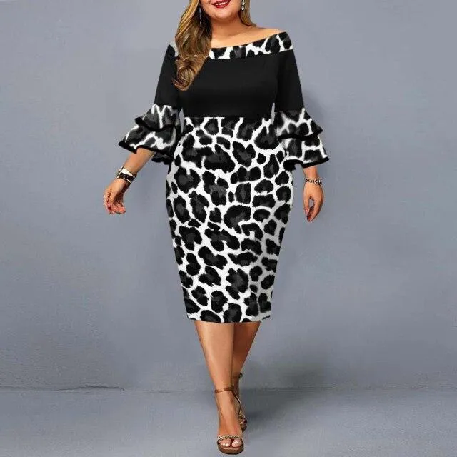 Autumn Plus Size Women's Leopard Print Flare Sleeves Night Club Party Dress