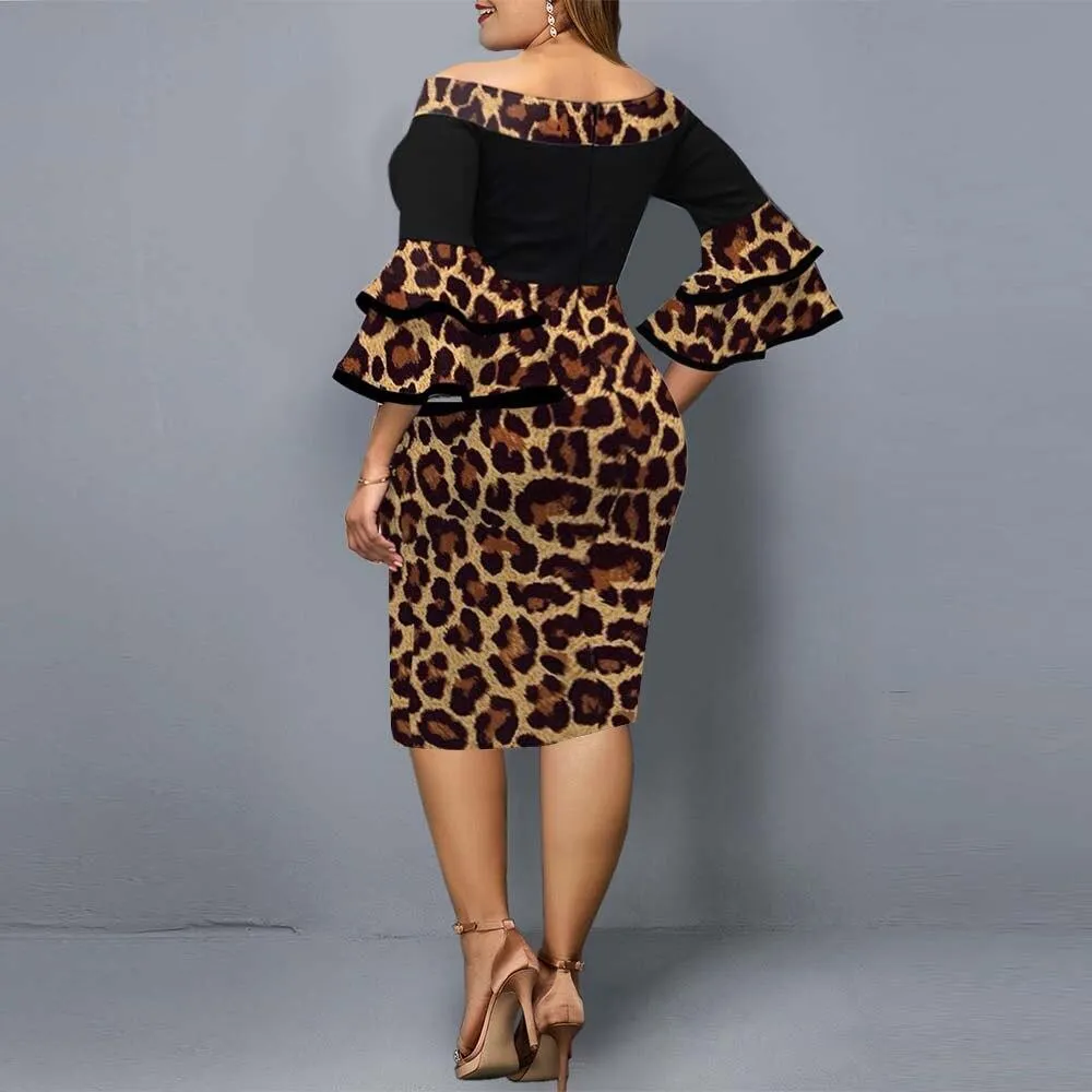 Autumn Plus Size Women's Leopard Print Flare Sleeves Night Club Party Dress