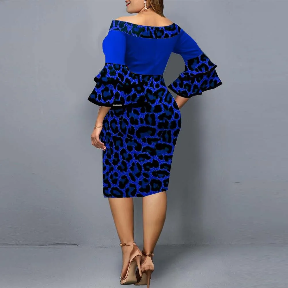 Autumn Plus Size Women's Leopard Print Flare Sleeves Night Club Party Dress