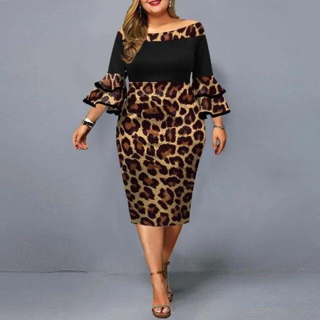 Autumn Plus Size Women's Leopard Print Flare Sleeves Night Club Party Dress