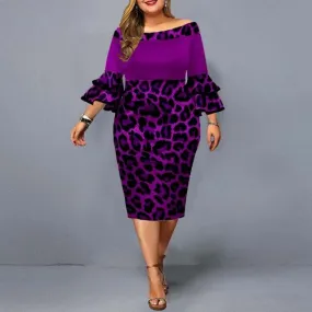 Autumn Plus Size Women's Leopard Print Flare Sleeves Night Club Party Dress