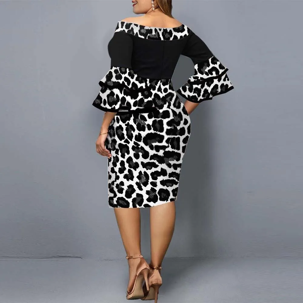 Autumn Plus Size Women's Leopard Print Flare Sleeves Night Club Party Dress