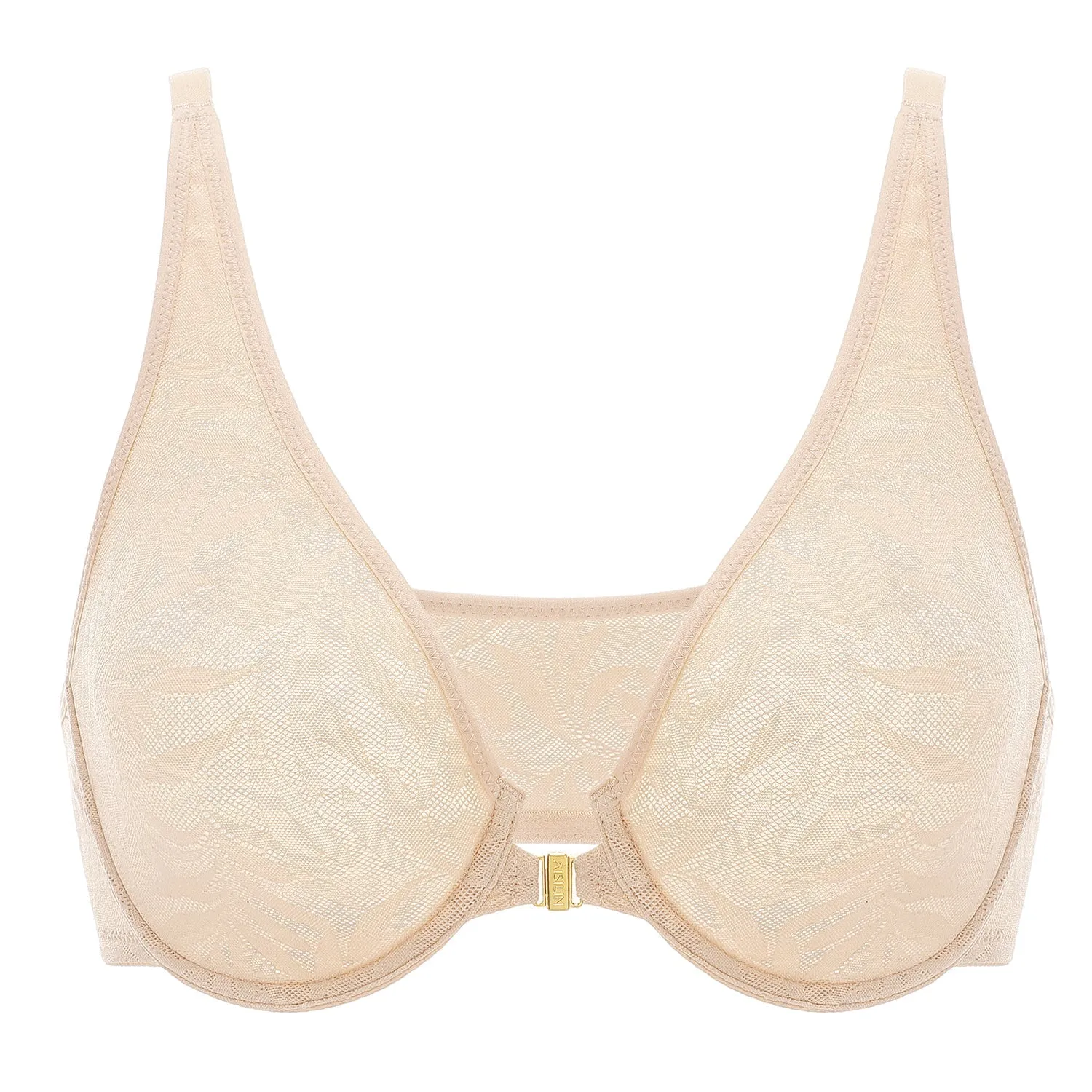 Beige Lace Front Closure Plus Size Sexy Full Coverage Bra for Women