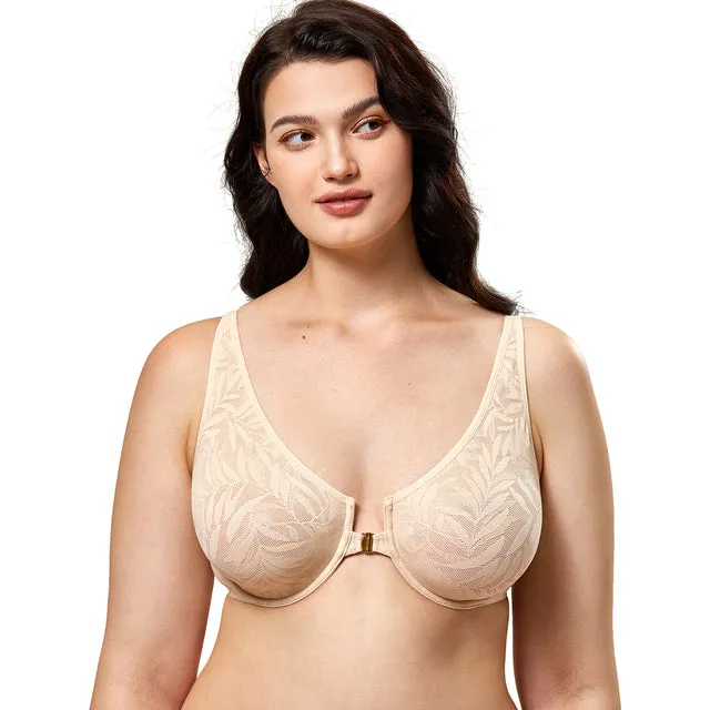 Beige Lace Front Closure Plus Size Sexy Full Coverage Bra for Women