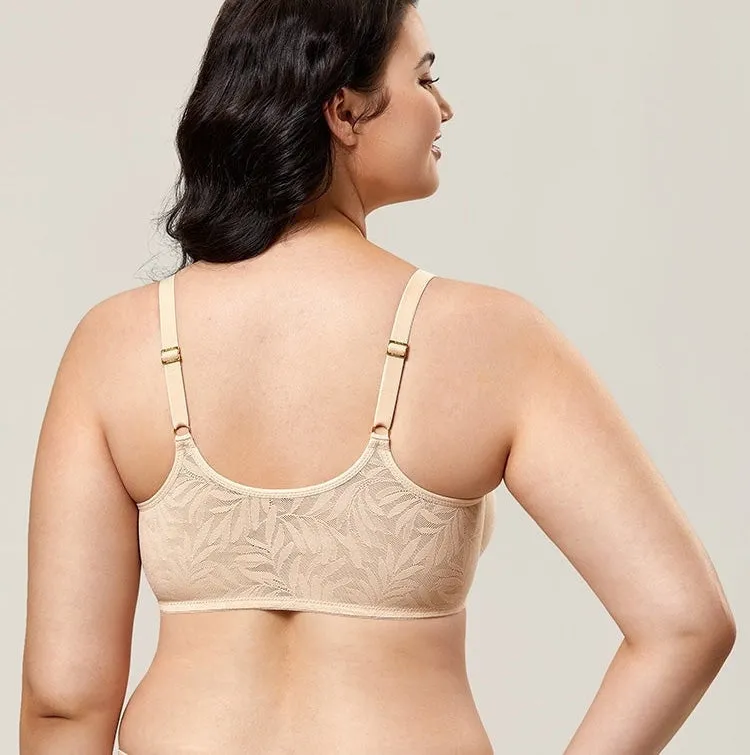 Beige Lace Front Closure Plus Size Sexy Full Coverage Bra for Women