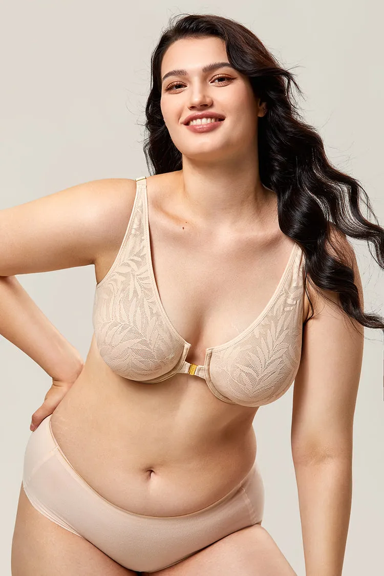 Beige Lace Front Closure Plus Size Sexy Full Coverage Bra for Women