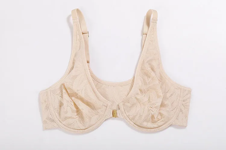 Beige Lace Front Closure Plus Size Sexy Full Coverage Bra for Women