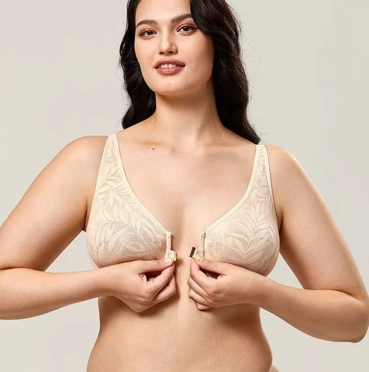 Beige Lace Front Closure Plus Size Sexy Full Coverage Bra for Women