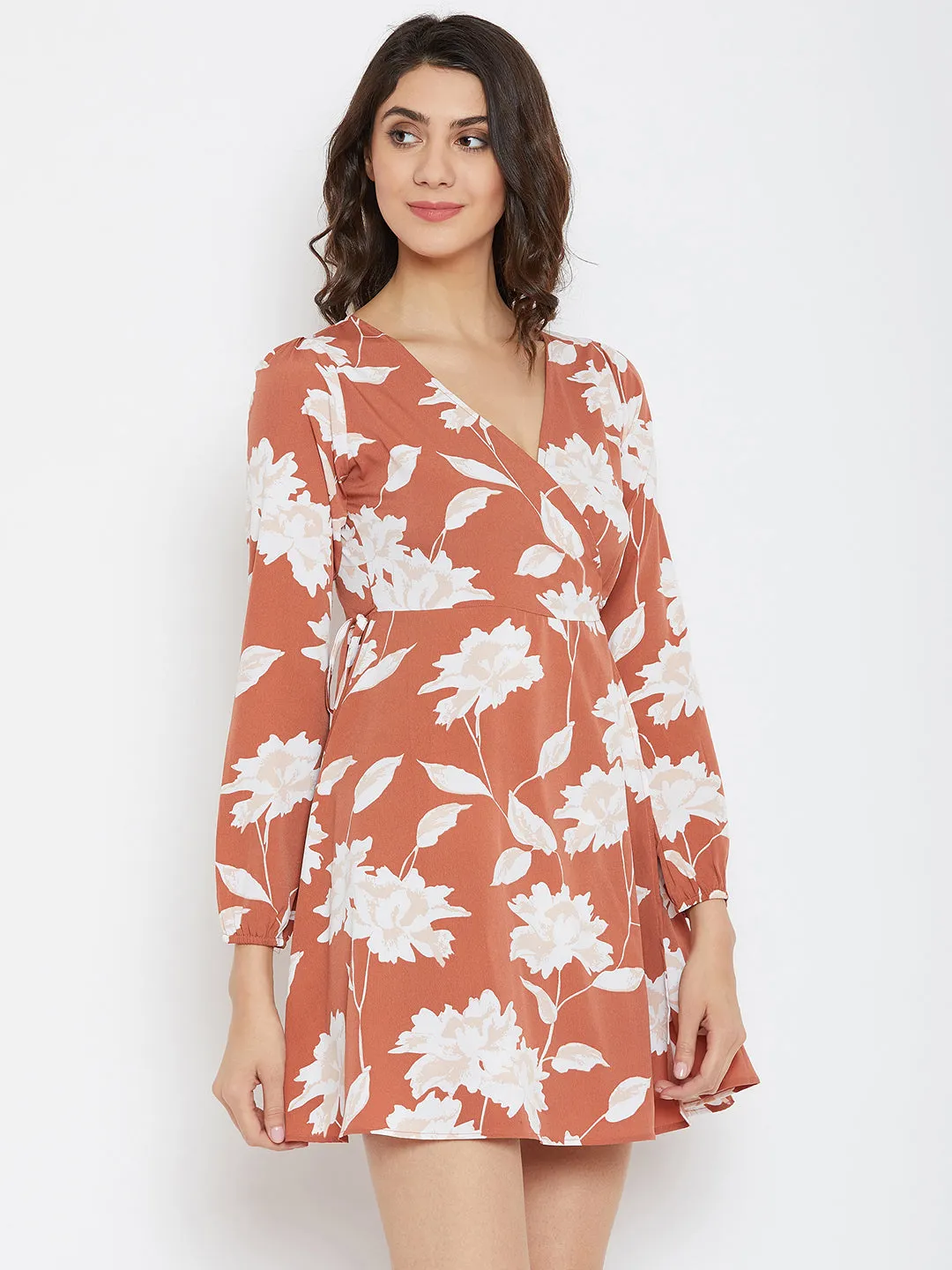 Berrylush Women Brown & White Floral Printed V-Neck Fit & Flare Wrap Mini Dress