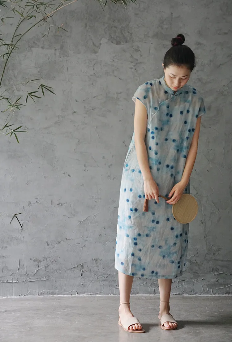 Blue Dot Print Cheongsam Dress