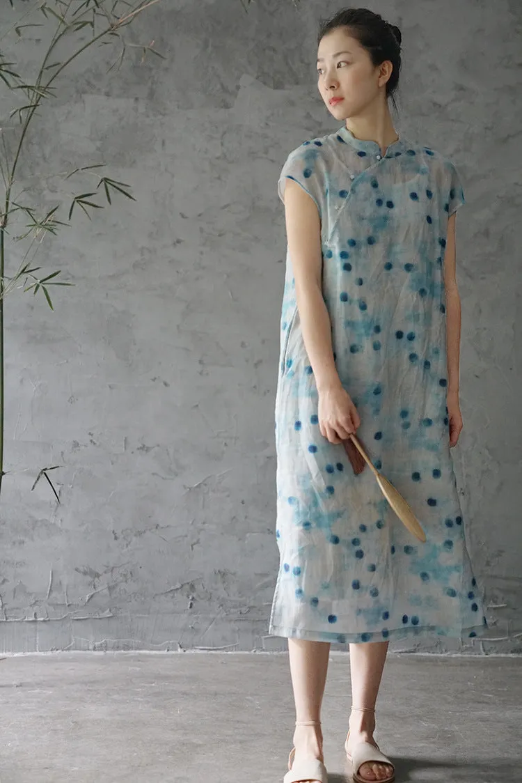 Blue Dot Print Cheongsam Dress