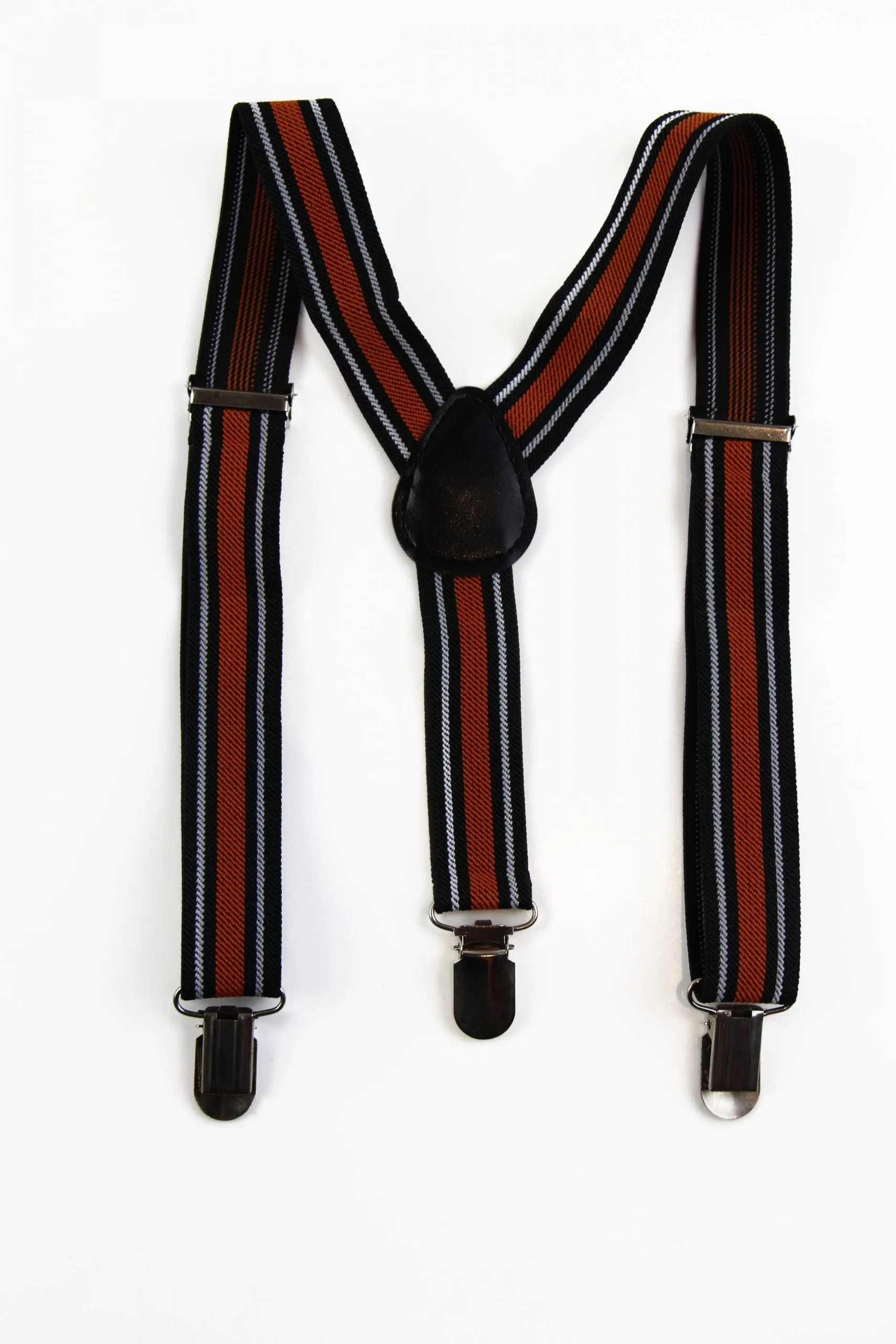 Boys Adjustable Black, White & Orange Striped Patterned Suspenders