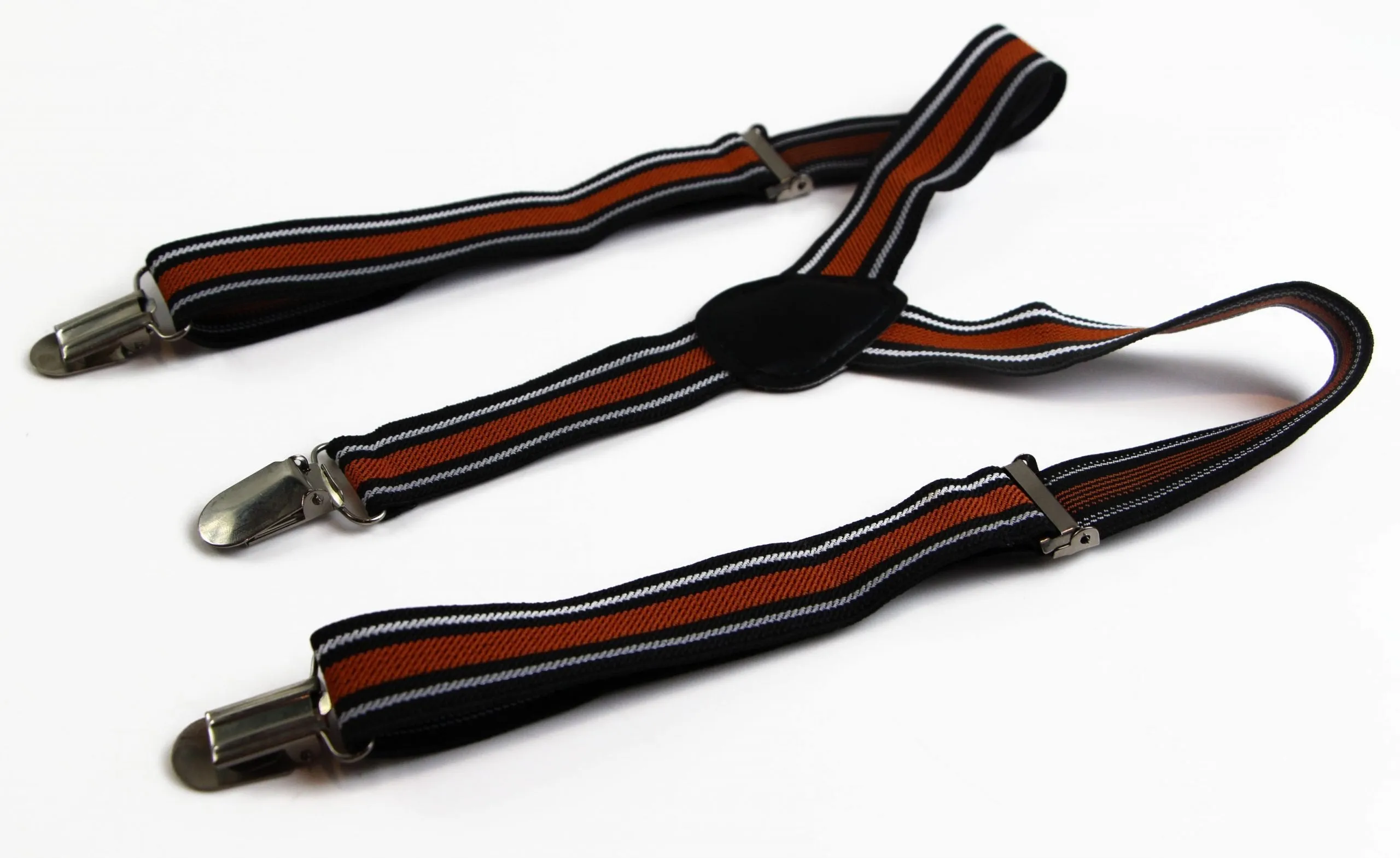 Boys Adjustable Black, White & Orange Striped Patterned Suspenders