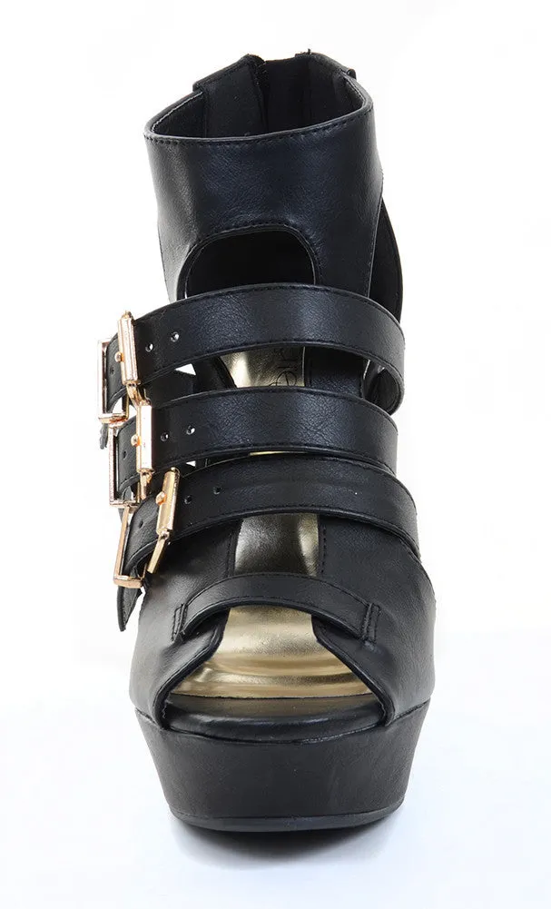 Buckle Strappy Peep Toe Platform Vegan Wedges Black