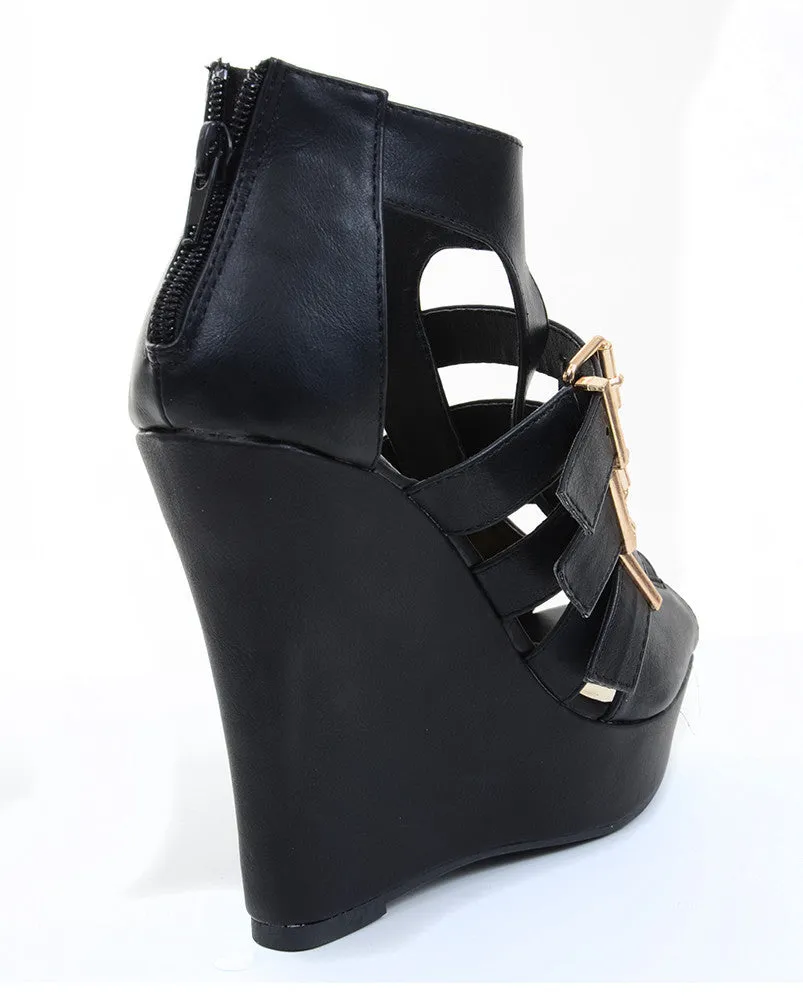 Buckle Strappy Peep Toe Platform Vegan Wedges Black