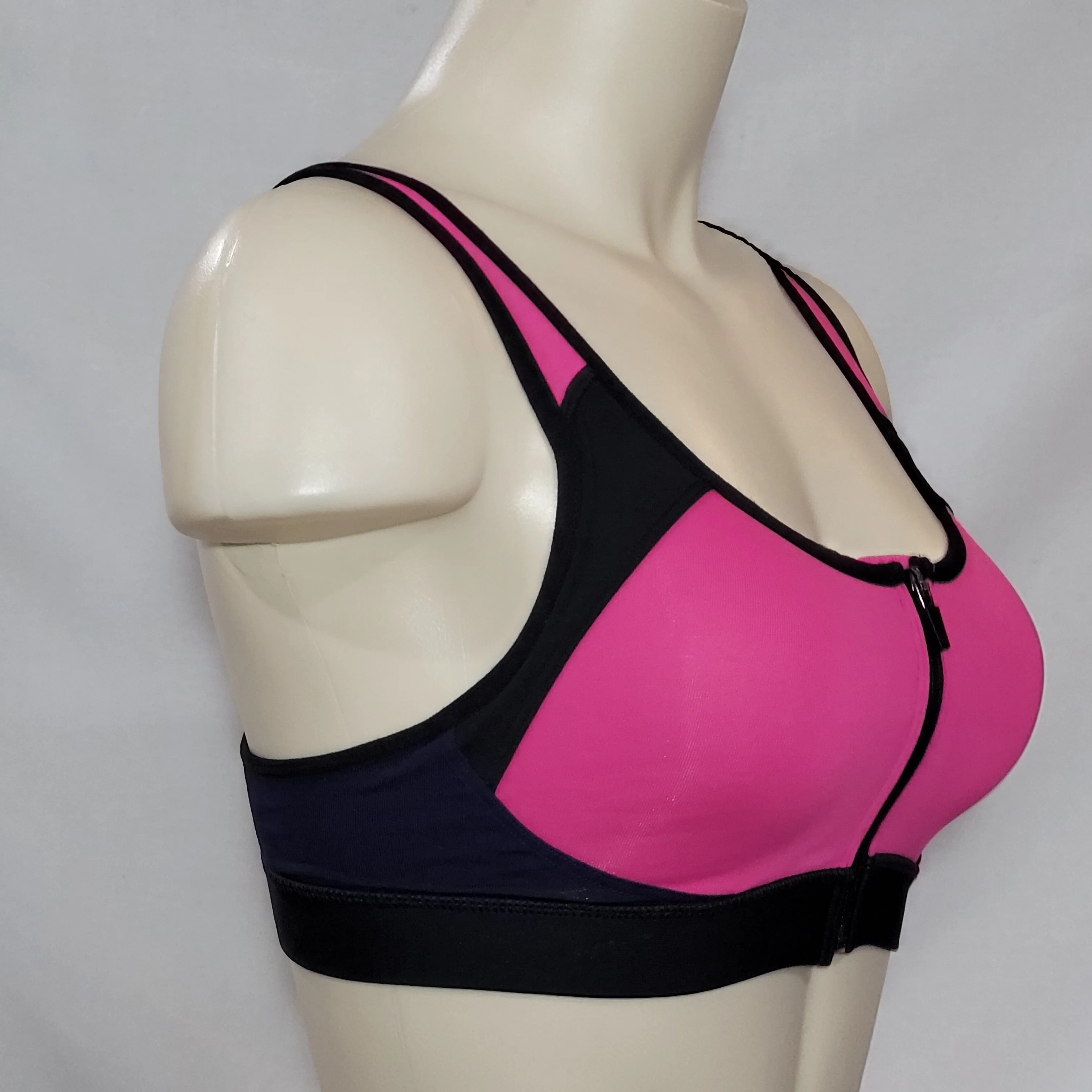 Champion N9643 Power Shape Max Zip Front Wire Free Sports Bra XS Pink & Black