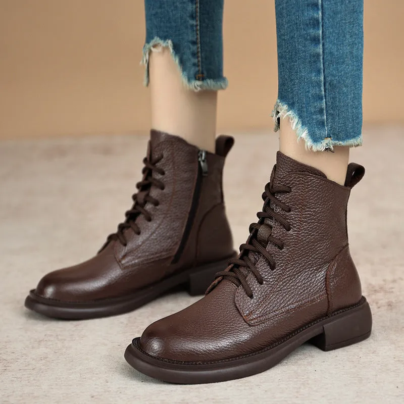 Cowhide British Style Martin Boots Women Round Toe Genuine Leather Winter Soft Short Shoes