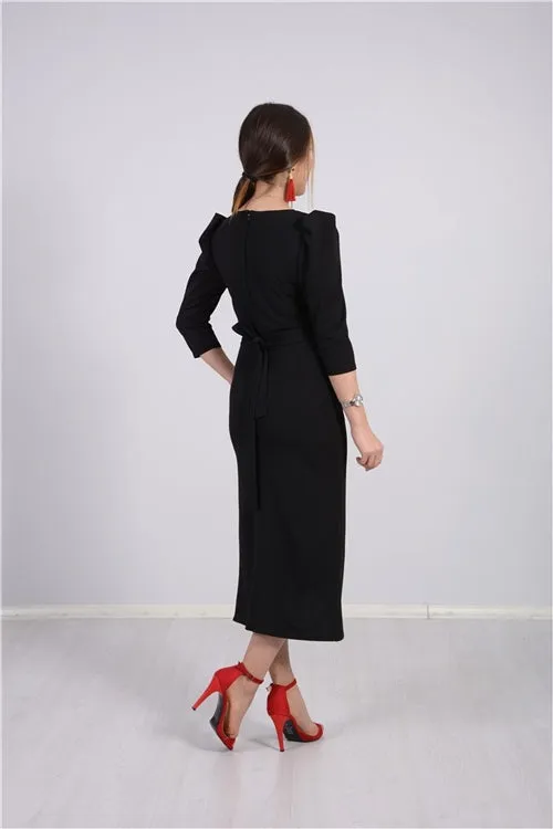 Crepe Fabric Midi Size Dress - Black