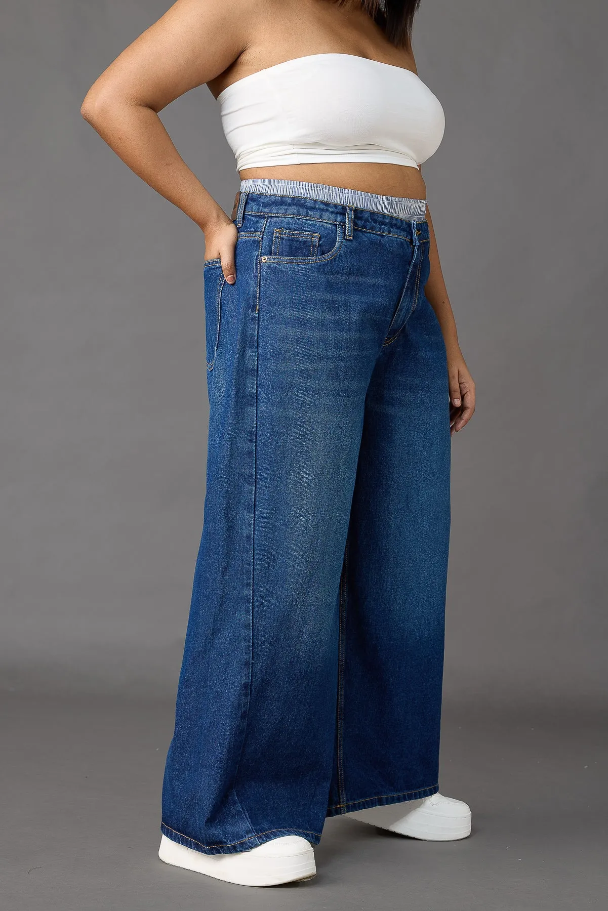 Curve Boxer Style Low Rise Wide Leg Jeans