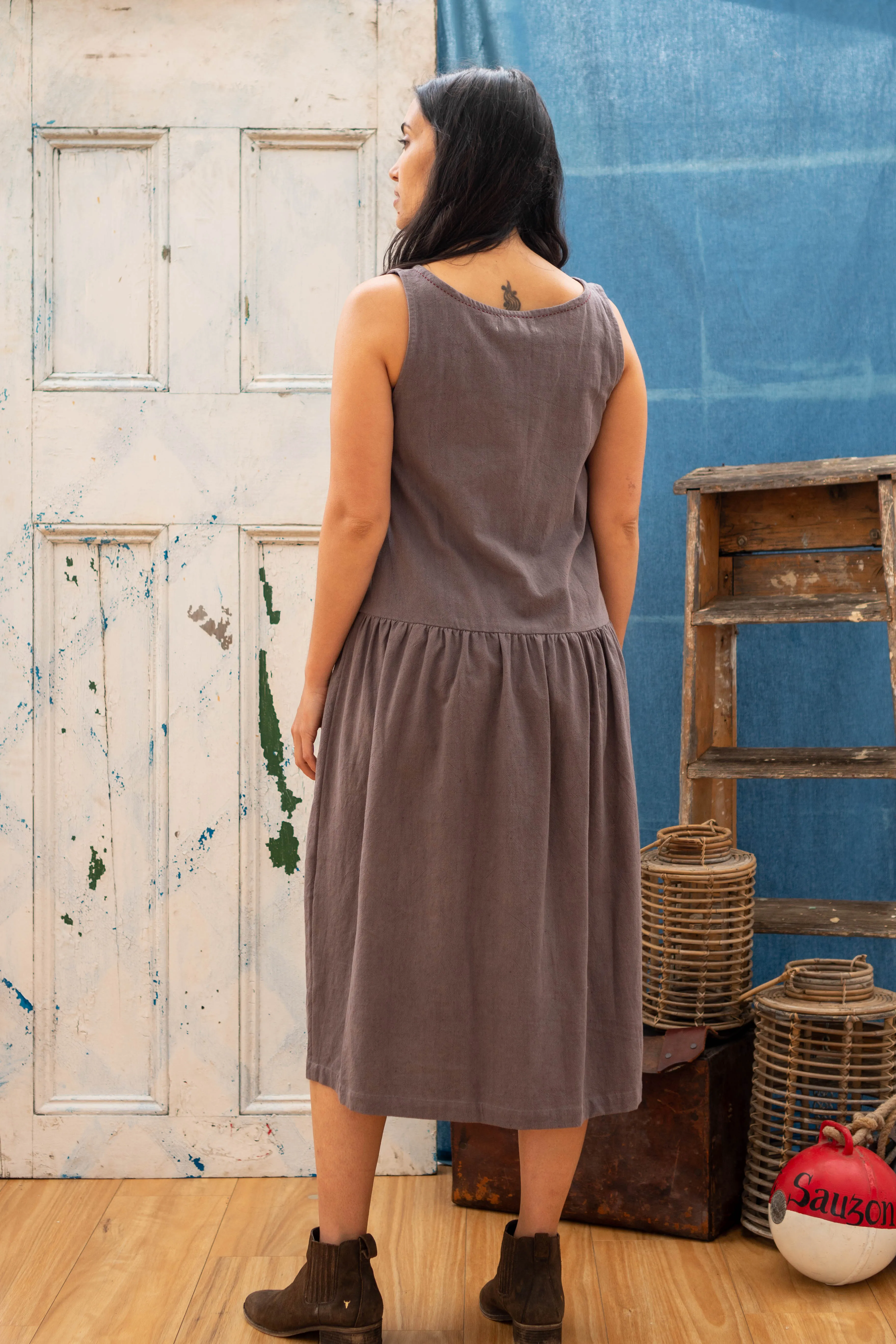 Dropwaist Dress - Gallnut/Iron with Red Hand Stitch Detail