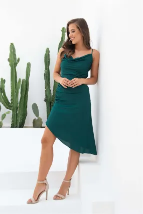 Emerald Satin Strap Degajeed Collar Short Evening Dress