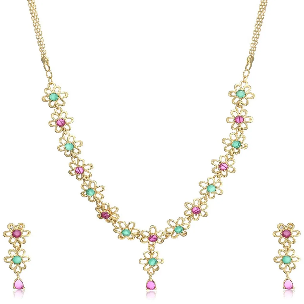 Estele - 24 Kt Floral emerald and ruby stones necklace set