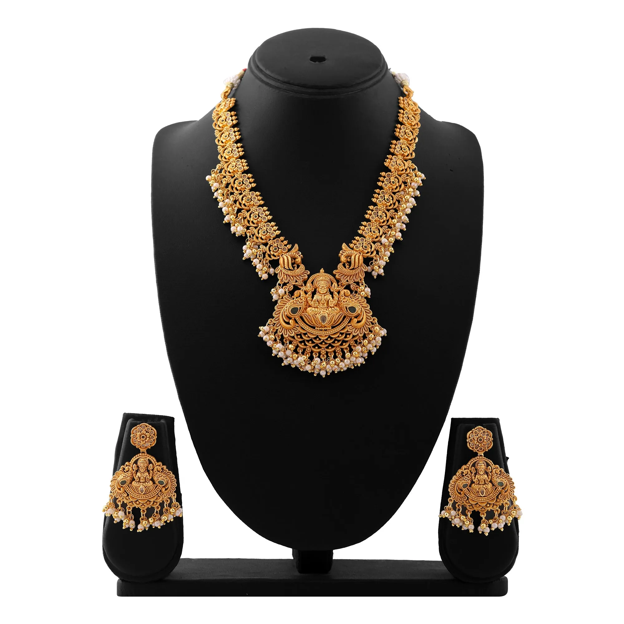 Estele Gold Plated CZ Divine Lakshmi Devi Designer Bridal Necklace Set with Pearls for Women