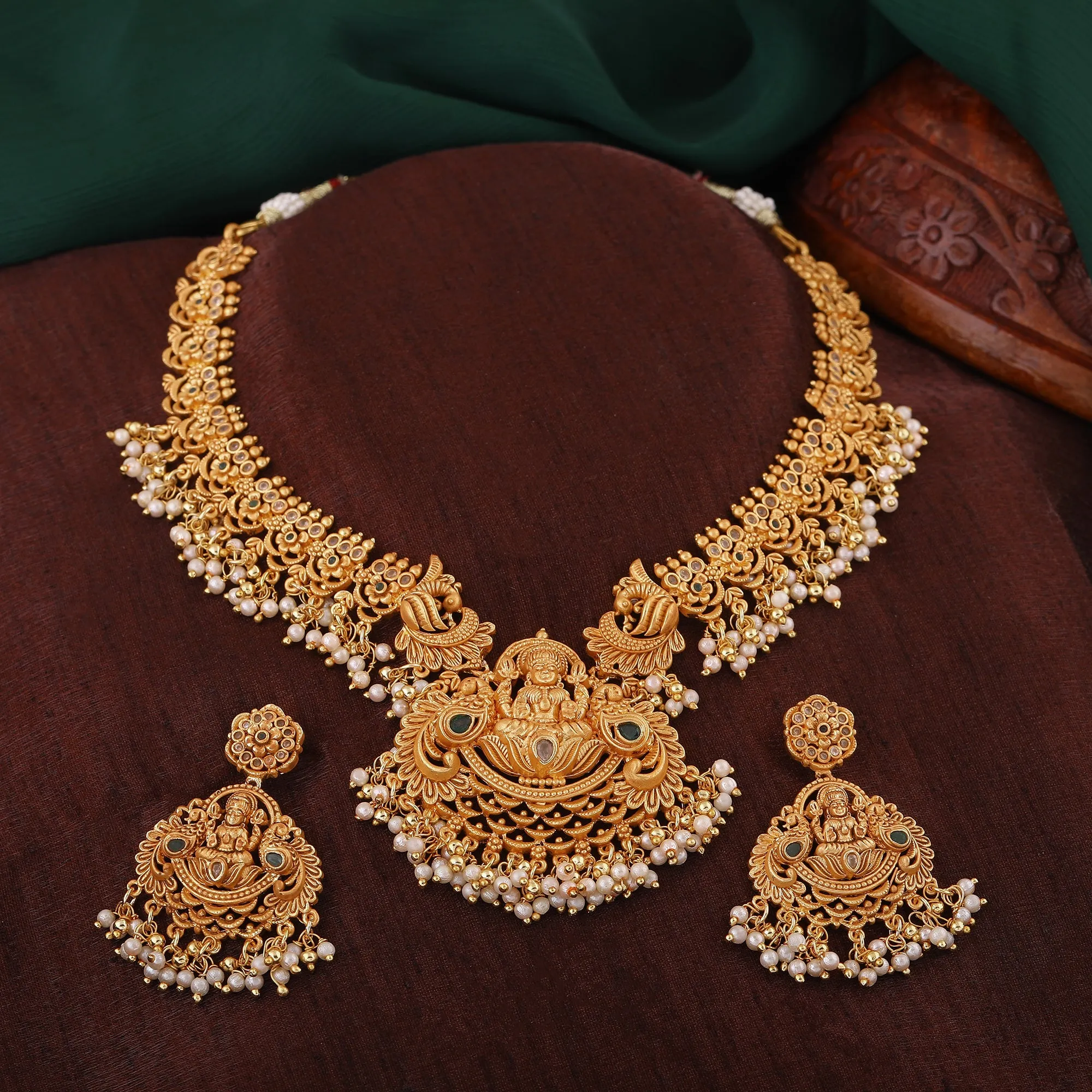 Estele Gold Plated CZ Divine Lakshmi Devi Designer Bridal Necklace Set with Pearls for Women