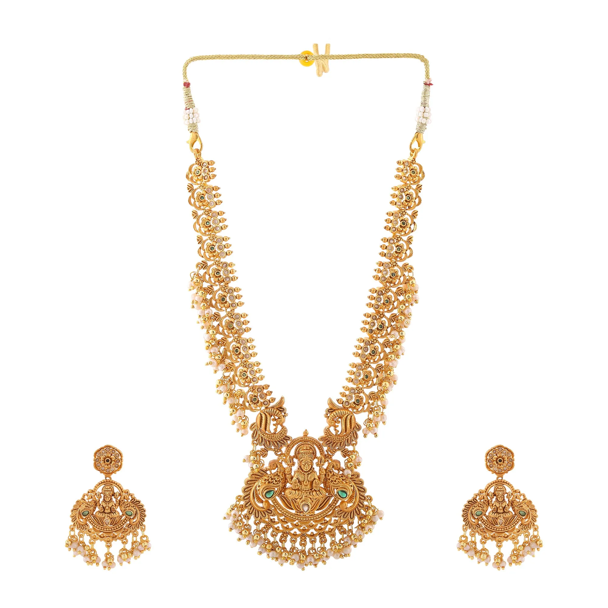 Estele Gold Plated CZ Divine Lakshmi Devi Designer Bridal Necklace Set with Pearls for Women