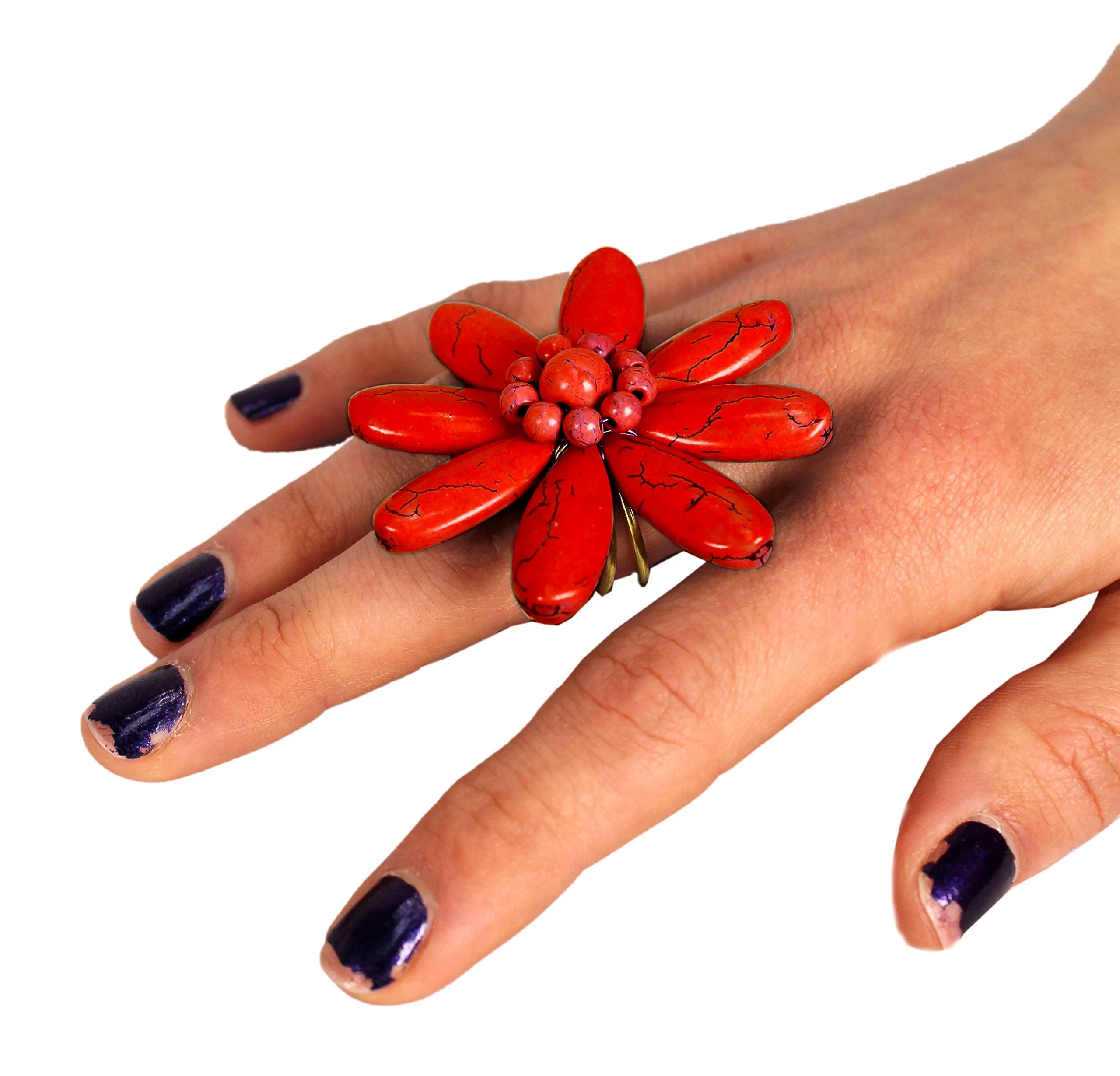 Gems Couture Jewelry Red Howlite Adjustable Flower Ring