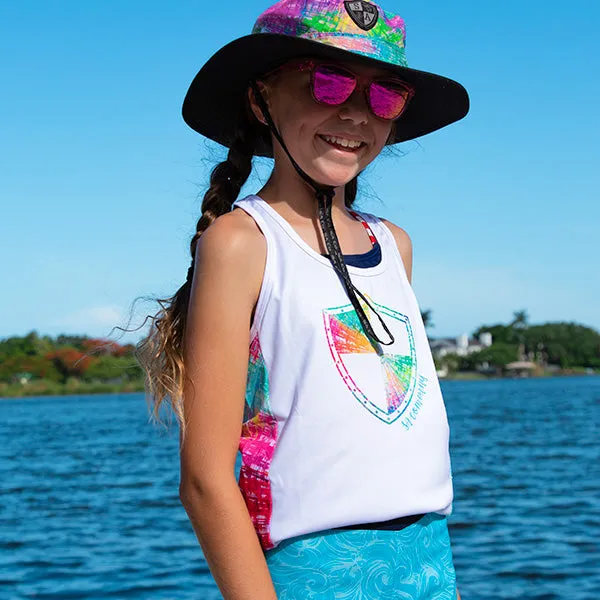 Girls Active Tank | White | Rainbow Spiral