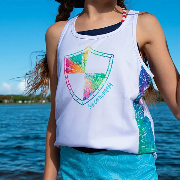 Girls Active Tank | White | Rainbow Spiral