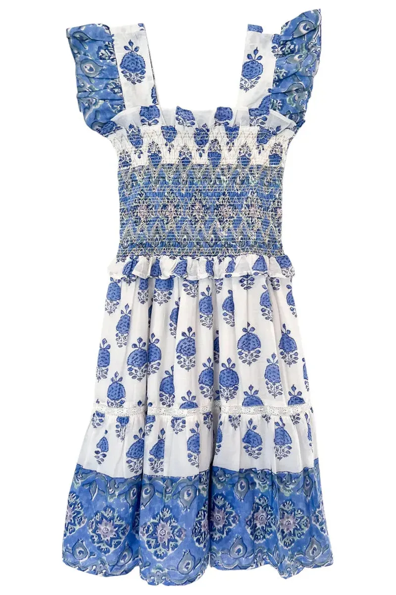 Girl's Blue Hibiscus Sleeveless Mandy Midi Dress