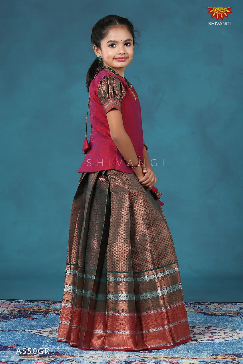 Girls Green Bali Silk Pattu Pavadai | Langa