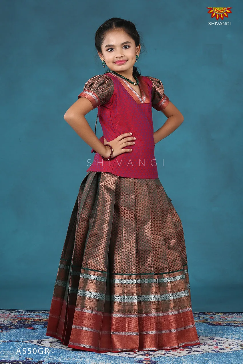 Girls Green Bali Silk Pattu Pavadai | Langa