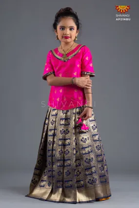 Girls Navy Blue Grey Elephant Pattu Pavadai | Lehenga