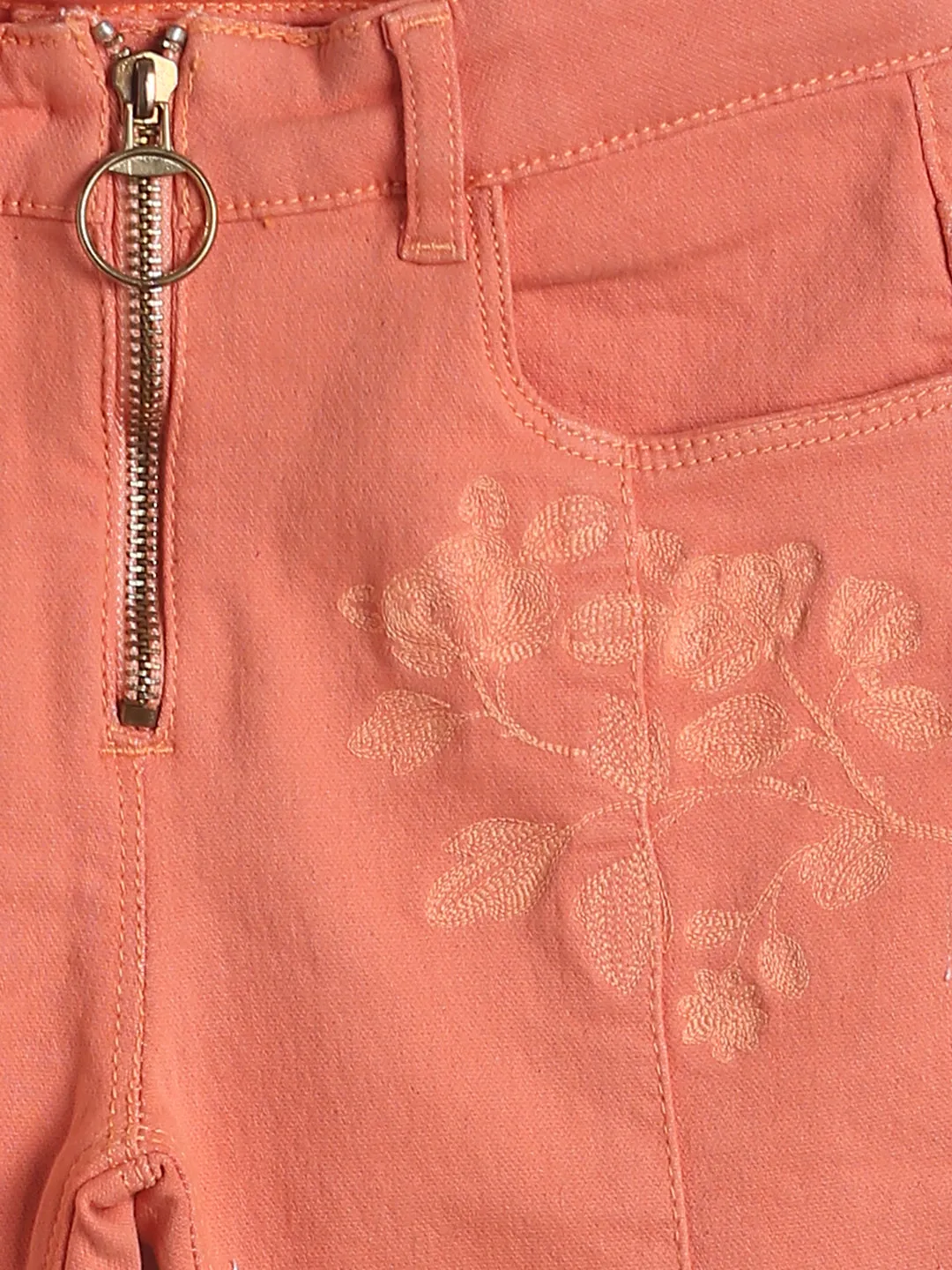 Girls Orange Embroidered Cotton Trouser